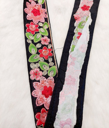 Black Silk Fabric Embroidered Trim, Floral Embroidery Indian Sari Border Trim By Yard Decorative Trim Craft Lace, Sequins Trim